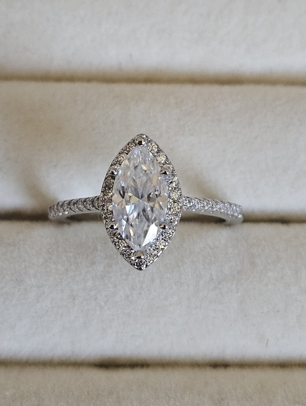 Marquise Cut Moissanite With Halo Silver Pavé Ring